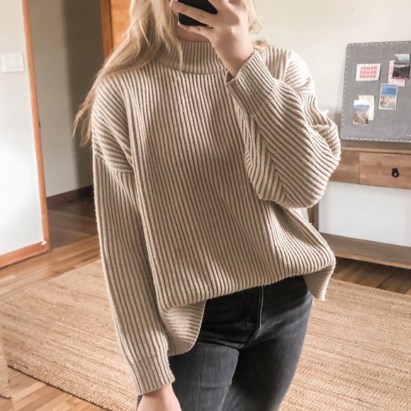 Topshop Sweaters - TOPSHOP Cream Trendy Boxy Ribbed Mock Neck Oversized Balloon Sleeve Sweater S